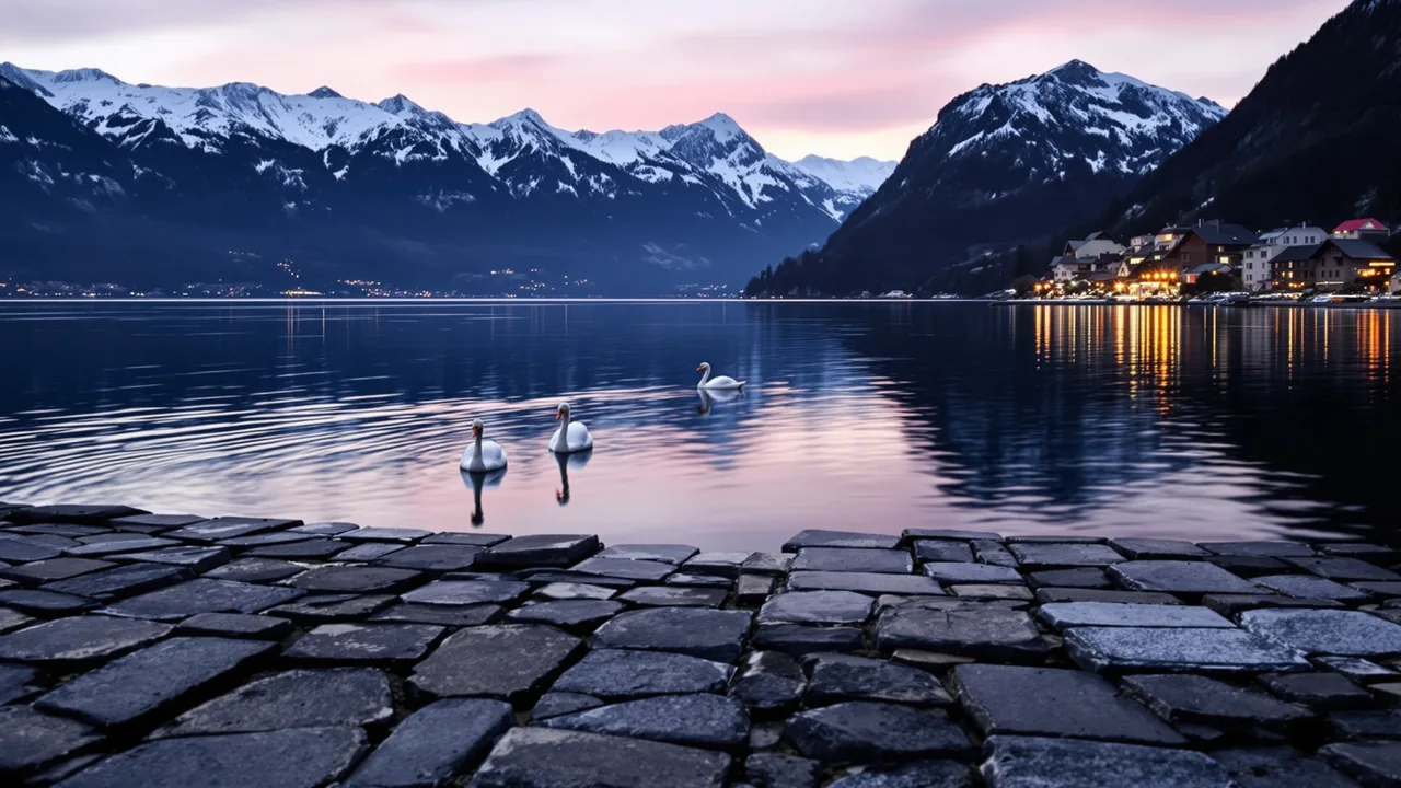 Drei Schw&auml;ne auf einem Alpensee in der Abendd&auml;mmerung, verschneite Gipfel dahinter