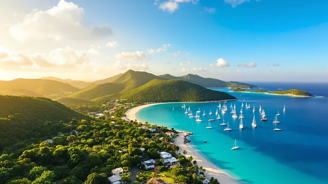Ein steiler grüner Inselhang auf den British Virgin Islands in der tiefen Nachmittagssonne, dichtes tropisches Buschwerk und Palmen in vollem Laub, tief unten seitlich ein türkisfarbener Ankerplatz