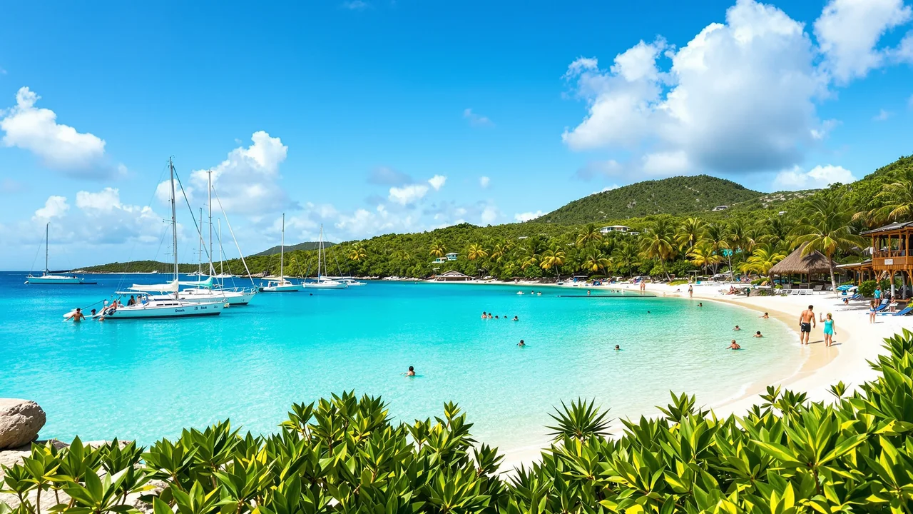 Eine Kette kleiner grüner Inseln der British Virgin Islands von einem hohen Grat aus im Goldlicht, türkisfarbene Kanäle dazwischen, dichtes Buschwerk und Palmen im Vordergrund