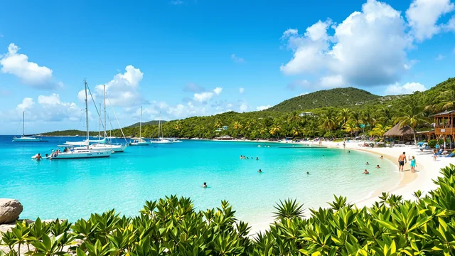 Eine Kette kleiner grüner Inseln der British Virgin Islands von einem hohen Grat aus im Goldlicht, türkisfarbene Kanäle dazwischen, dichtes Buschwerk und Palmen im Vordergrund