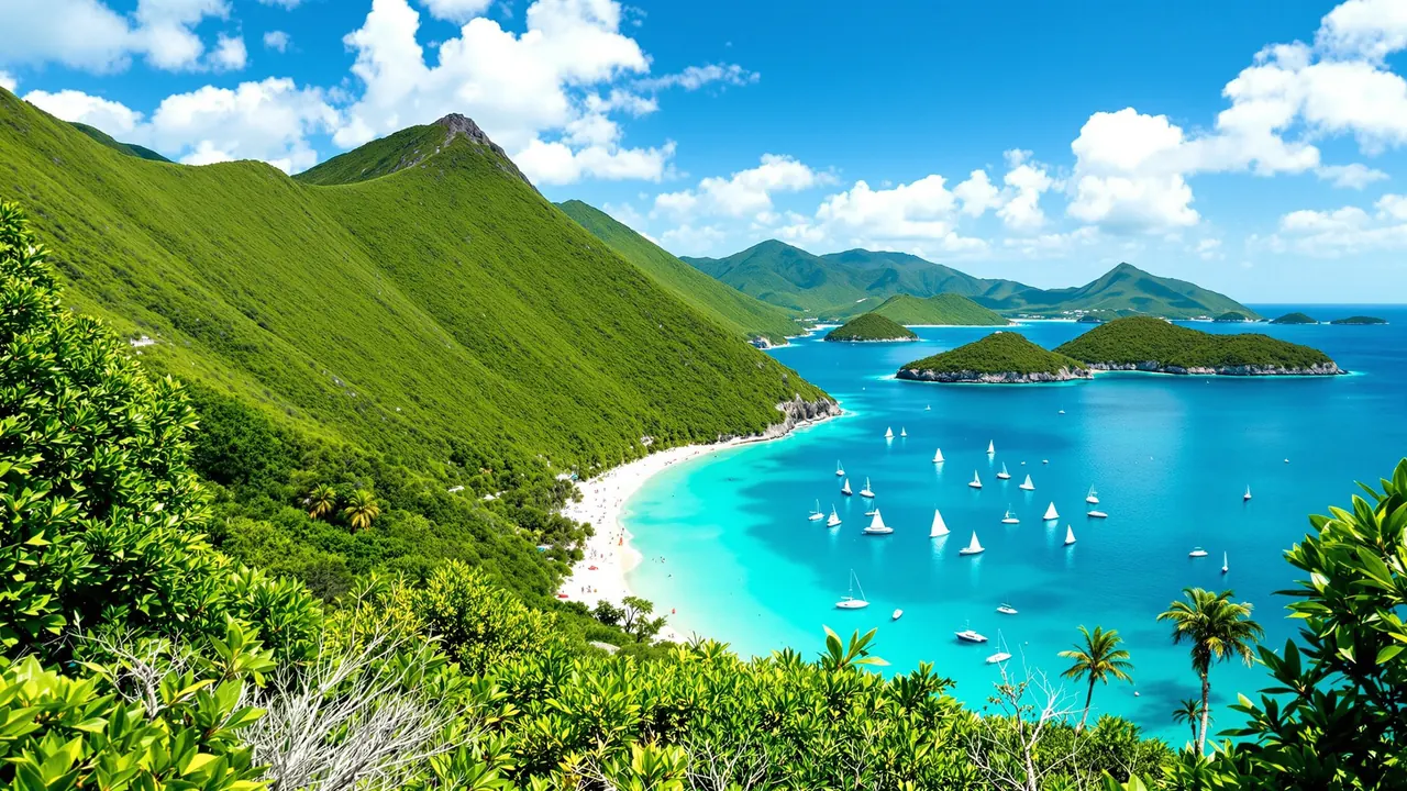 Ein geschützter Ankerplatz auf den British Virgin Islands im Goldlicht, weiße Segelyachten liegen weit auseinander auf türkisfarbenem Wasser, seitlich ein steiler grüner Inselhang