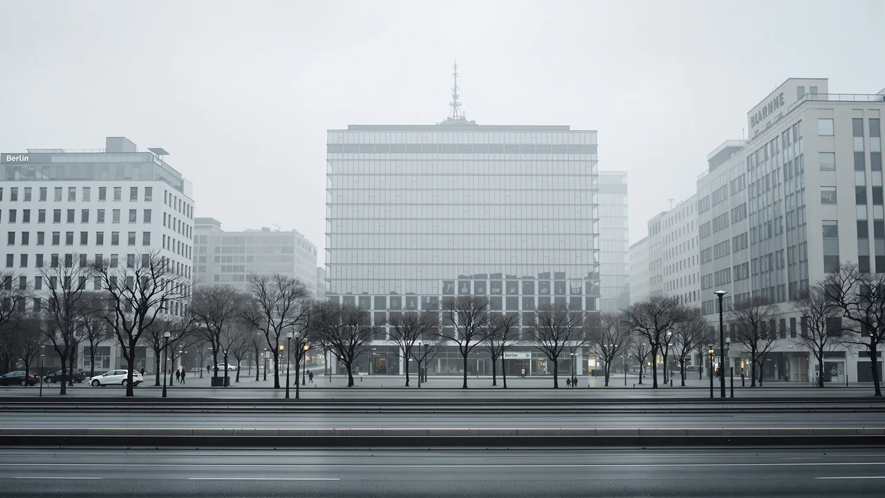 Ein Berliner Büroquartier an einem grauen Morgen, schlichte Putz- und Glasbauten über einem breiten leeren Boulevard mit kahlen Bäumen