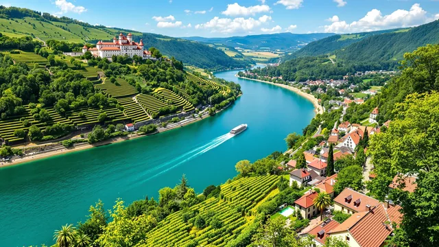 Eine Frau steht auf einer Marinakaje in einer Golfstadt im Goldlicht und blickt seitlich am Wasser entlang, dahinter helles Pflaster, Dattelpalmen und weiße Motoryachten an ihren Liegeplätzen