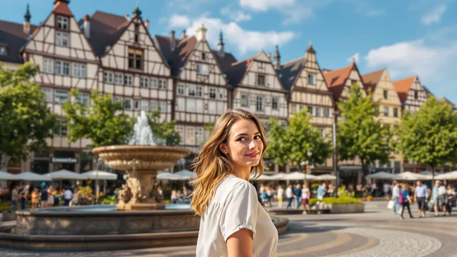 Eine Marina in einer Golfstadt von oben in der Abendsonne, weiße Motoryachten in langer Reihe an einer hellen Kaje mit Dattelpalmen, dahinter die besonnten Obergeschosse der Türme