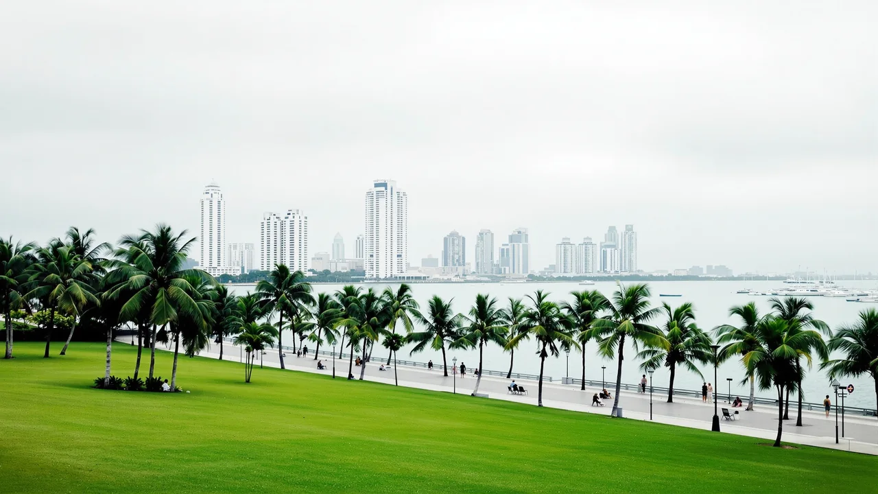 Ein grüner Uferpark in Panama-Stadt bei bedecktem tropischem Himmel, Rasen und Palmen, dahinter über dem Wasser die schmalen weißen Türme der Stadt