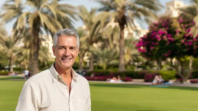 Ein Mann Anfang sechzig mit grauem Haar und hellem Leinenhemd steht am späten Nachmittag auf dem Rasen eines Parks in Dubai und lächelt in die Kamera, hinter ihm Dattelpalmen, blühende Bougainvillea und helle Villen
