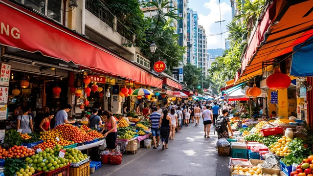 Warmes tiefstehendes Spätnachmittagslicht über einer bewaldeten Bucht in Hongkong, alte Kiefern und Farne im Vordergrund, das Wasser tief unten ruhig, am fernen Ufer klein und dunstig die Türme der Stadt
