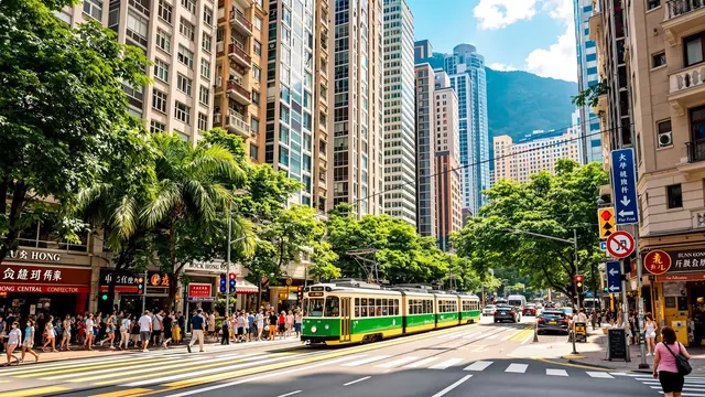 Ein grüner Hangweg hoch über einer Bucht in Hongkong in der warmen Nachmittagssonne, subtropische Bäume und hohes Gras in vollem Laub, tief unten seitlich das besonnte Wasser der Bucht