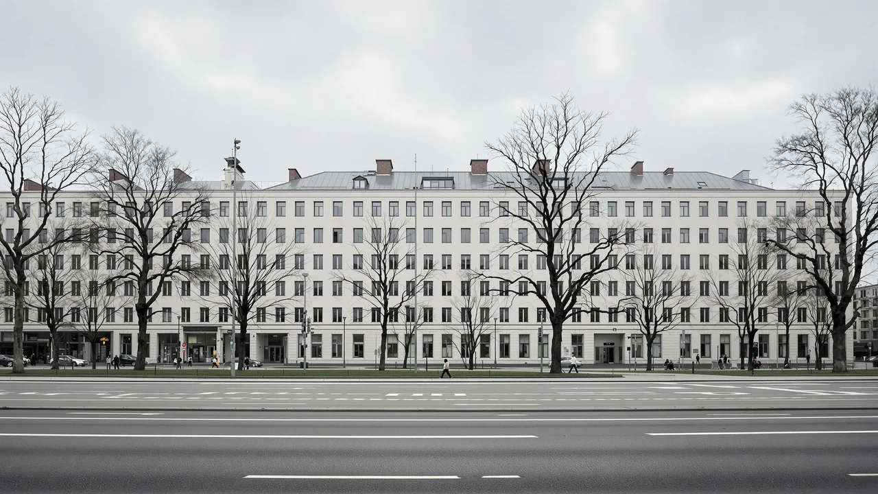 Ein langgestreckter heller Verwaltungsbau der Nachkriegszeit an einer breiten leeren Stadtstraße unter grauem Himmel, davor kahle Bäume auf einem schmalen Grünstreifen