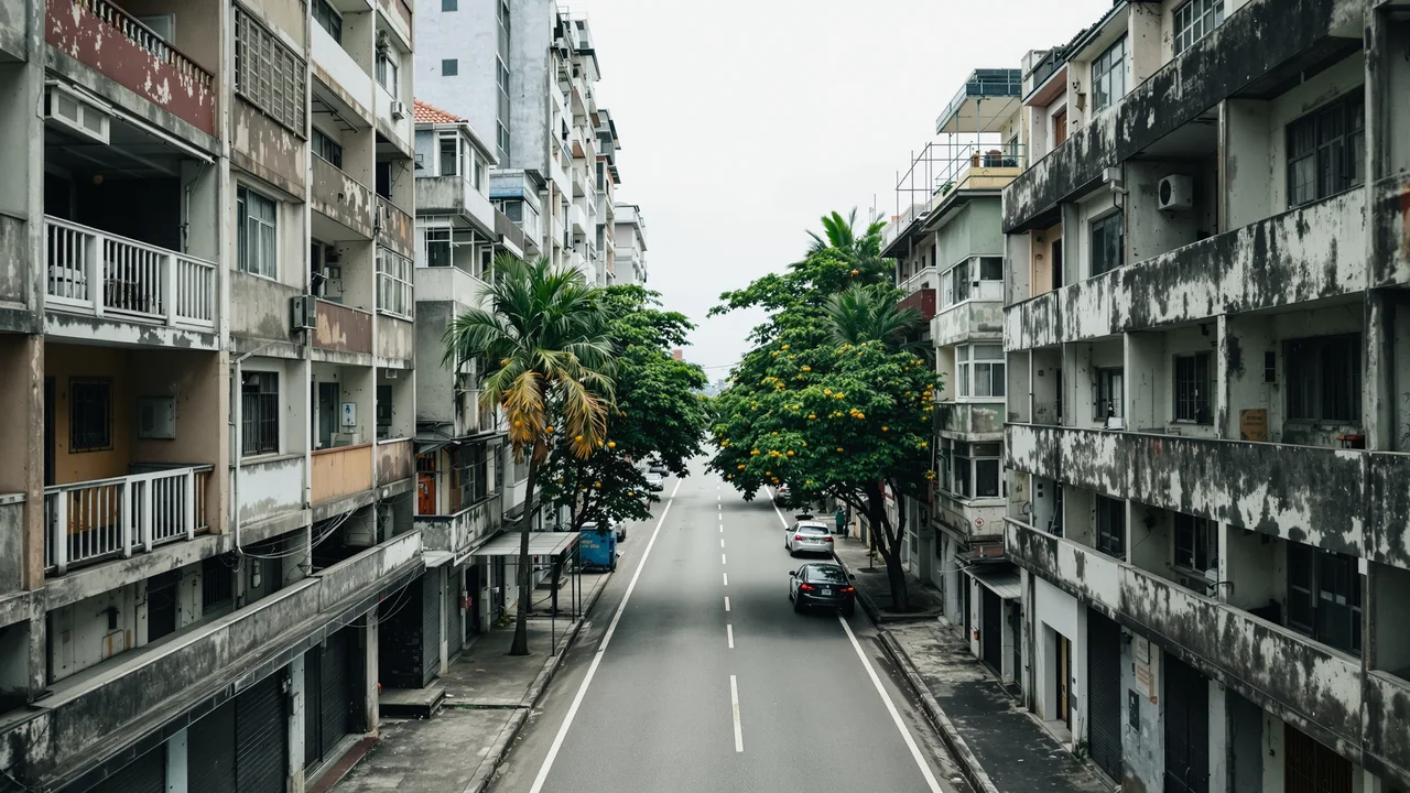 Eine Seitenstraße in Panama-Stadt von einem oberen Geschoss aus bei tropischer Bewölkung, Betonwohnblocks mit tiefen Balkonen und Mangobäumen dazwischen