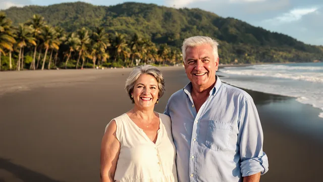 Eine Frau mit grauem Kurzhaarschnitt im hellen Kleid und ein Mann im hellblauen Hemd stehen an einem dunklen Sandstrand am Pazifik in Panama, dahinter Palmen und ein grüner Hügel, und lächeln in die Kamera