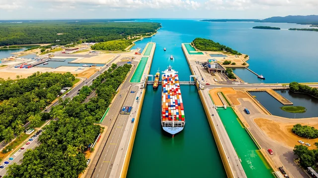 Ein Mann steht auf einem Holzsteg über stillem Wasser in Panama im warmen Nachmittagslicht und blickt seitlich über die Fläche, dahinter dichtes grünes Mangrovenwerk bis an die Wasserlinie