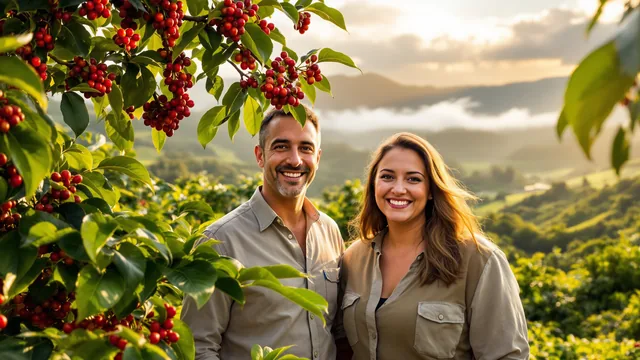 Ein Mann und eine Frau in hellen Hemden stehen zwischen Kaffeesträuchern mit roten Kirschen an einem Hang im Hochland von Panama und lächeln in die Kamera, dahinter bewaldete Hügel und Wolken im warmen Nachmittagslicht