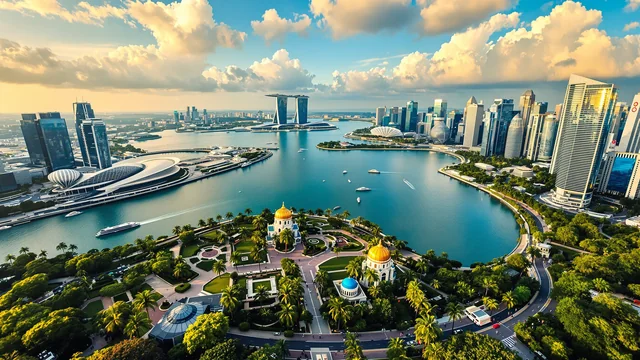 Weit ausladende Regenbäume über einer gemähten Parkwiese in Singapur im tiefen Goldlicht, lange Schatten über dem Gras, warmes Sonnenlicht seitlich durch das dichte grüne Kronendach