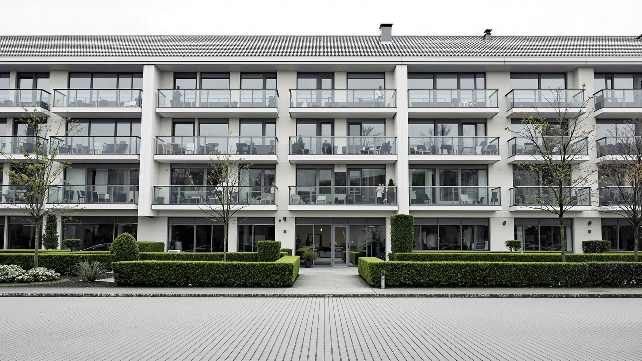 Ein niedriger heller Wohn- und Bürobau mit umlaufenden Balkonen hinter geschnittenen Hecken im flachen grauen Licht, davor eine breite gepflasterte Fläche