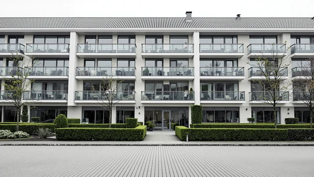 Ein niedriger heller Wohn- und Bürobau mit umlaufenden Balkonen hinter geschnittenen Hecken im flachen grauen Licht, davor eine breite gepflasterte Fläche