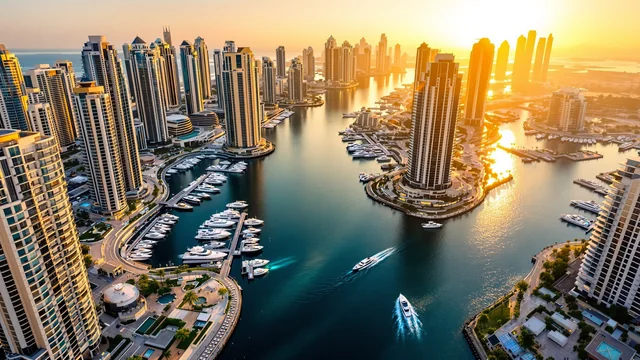 Ein Felsental in den Emiraten im Goldlicht, warme ockerfarbene Felswände auf einer Seite, eine Kette stiller grüner Becken auf dem Talboden, Dattelpalmen in lockeren Gruppen am Wasser