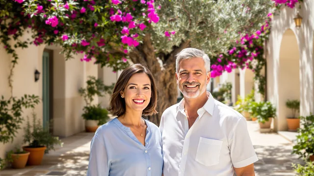 Eine Frau in hellblauer Bluse und ein Mann im weißen Leinenhemd stehen in einem Kalksteininnenhof mit Olivenbaum und Bougainvillea in Zypern und lächeln in die Kamera