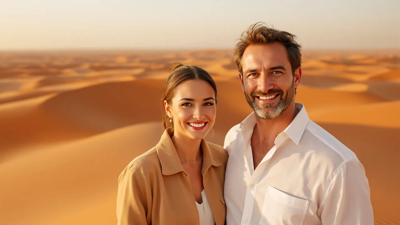 Eine Frau in sandfarbener Leinenjacke und ein Mann im weißen Hemd stehen auf einer Sanddüne in den Vereinigten Arabischen Emiraten im warmen Abendlicht und lächeln in die Kamera