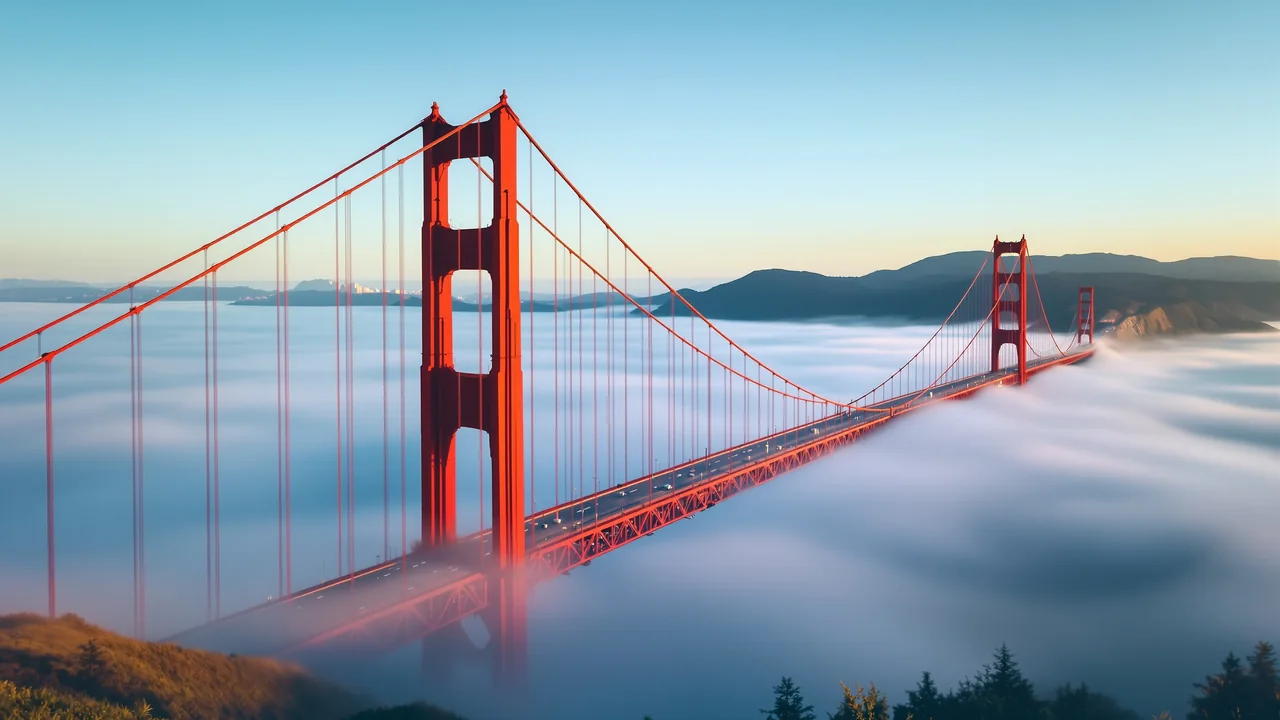 Türme der Golden Gate Bridge ragen aus dem Morgennebel