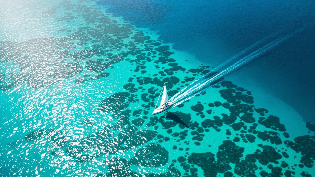 Segelyacht aus der Luft über saphirblauem Wasser am Riffrand