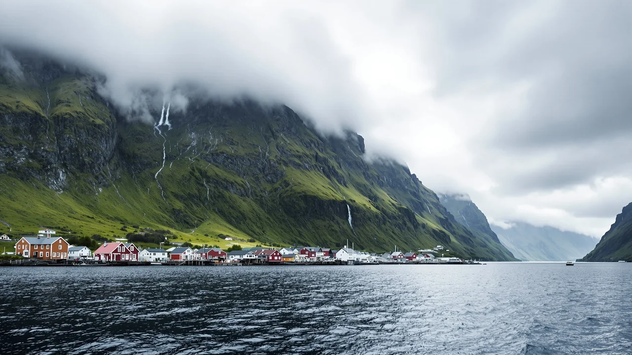 Bunte Holzhäuser an einem Fjordufer unter steilen grünen Bergen