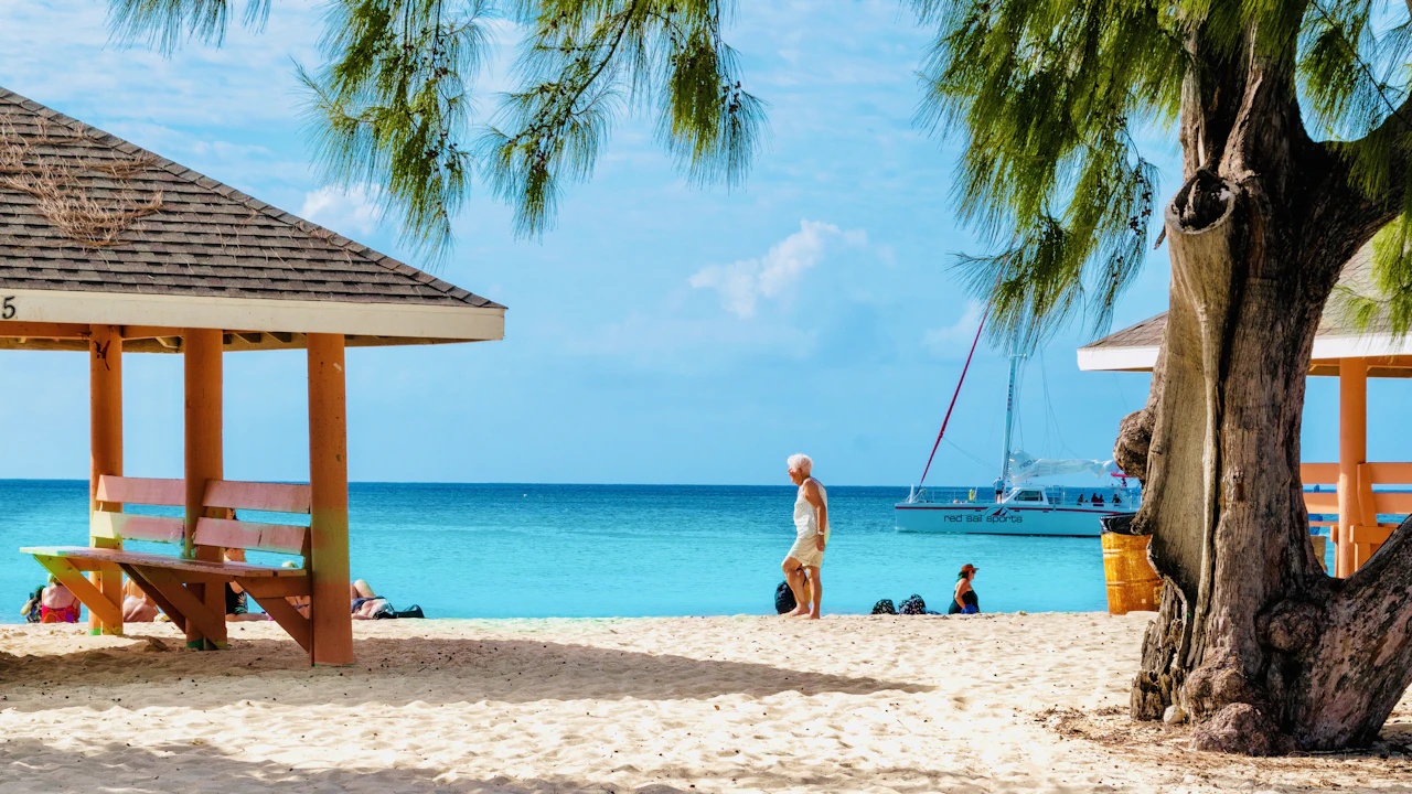 Strand mit altem Baum, Pavillons und Spaziergängern