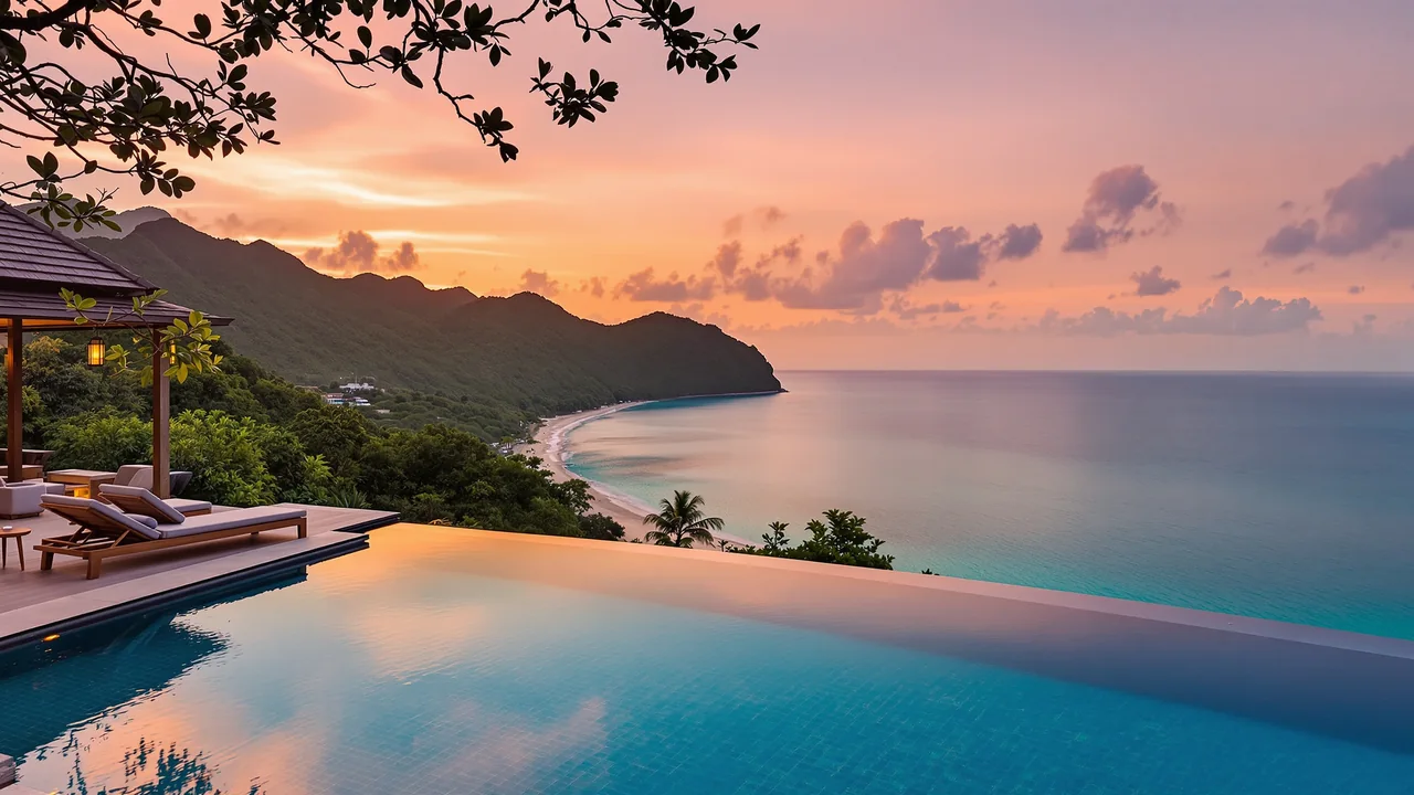 Infinity-Pool einer Villa &uuml;ber einer tropischen Bucht bei Sonnenuntergang